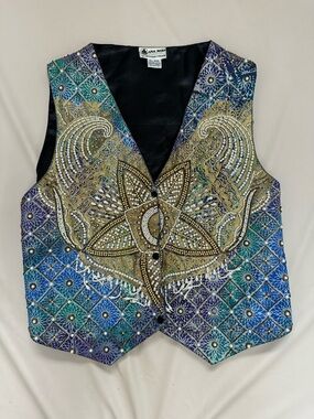 Vintage celestial Beaded Embellished Vest - Blue Teal Purple gold pearls